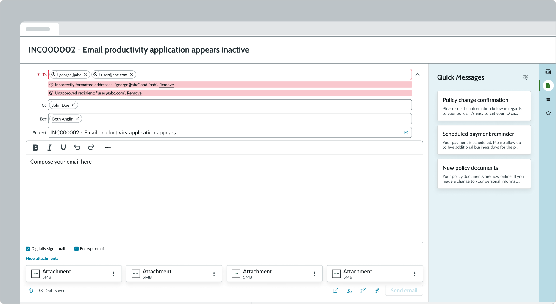alert list appears on top of the display for the error state in email composer