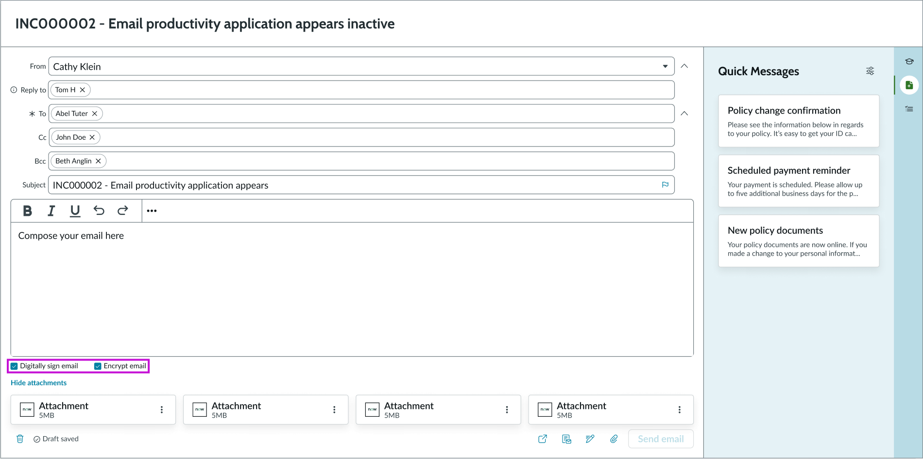 Shows email composer with Digitally sign email and Encrypt email checkboxes highlighted.