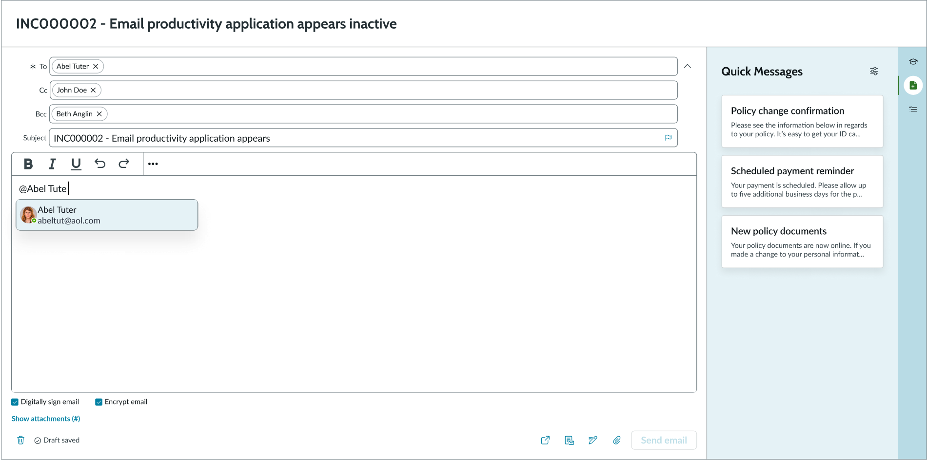User typing "@" symbol to mention another user in email compose field.
