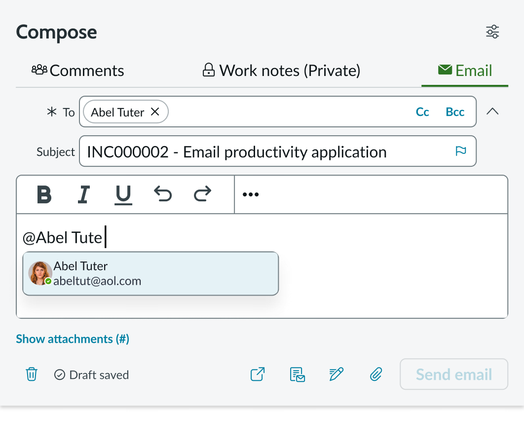 User typing "@" symbol to mention another user in the email compose field.