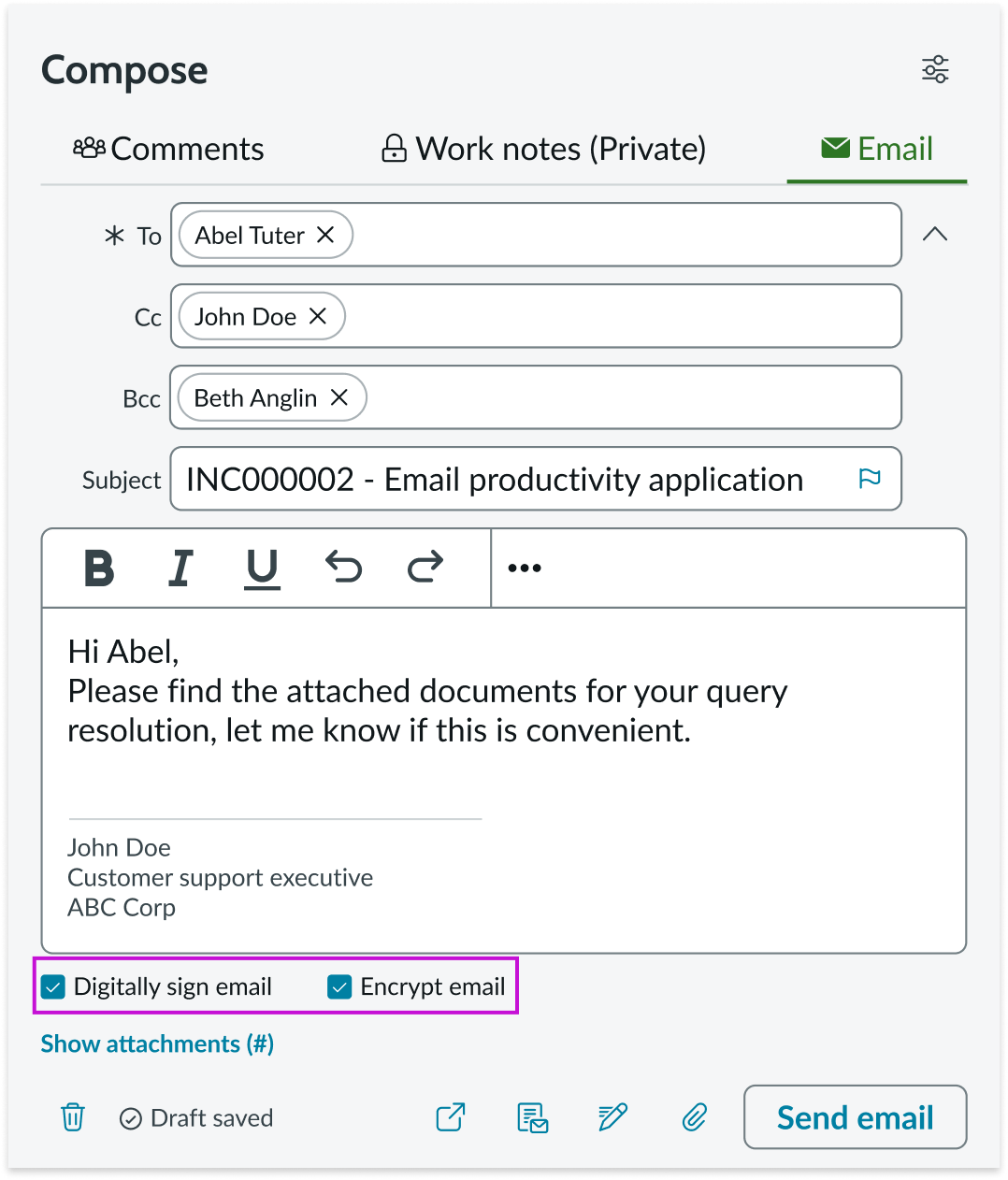 Shows email composer with Digitally sign email and Encrypt email checkboxes highlighted.