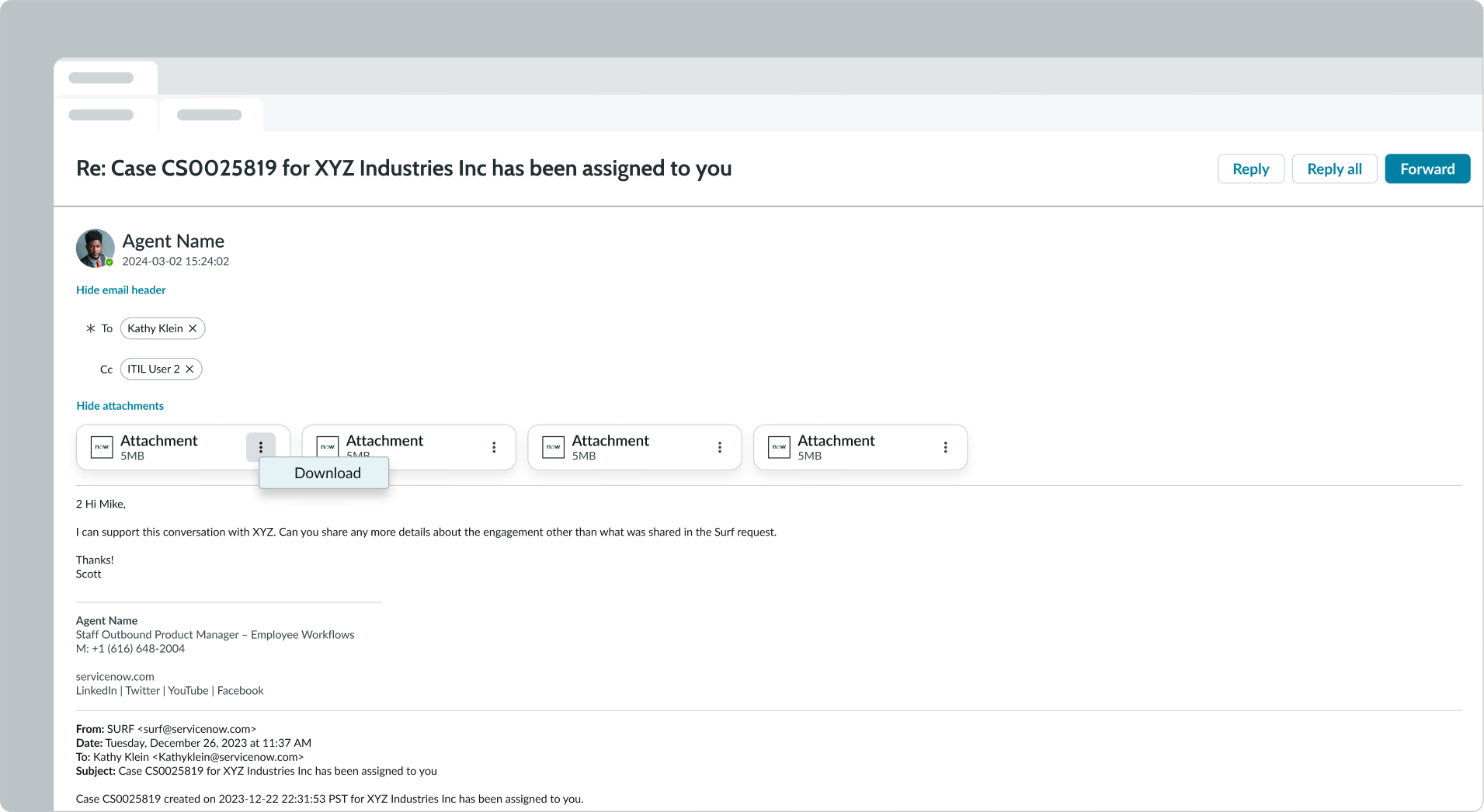 Email message with attachment and download action