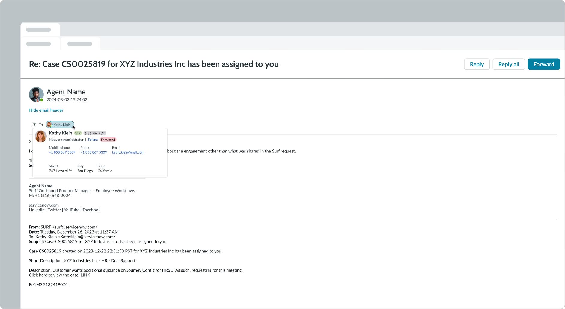 Shows the selection of a user pill in the To field, displaying a contact card for that user.