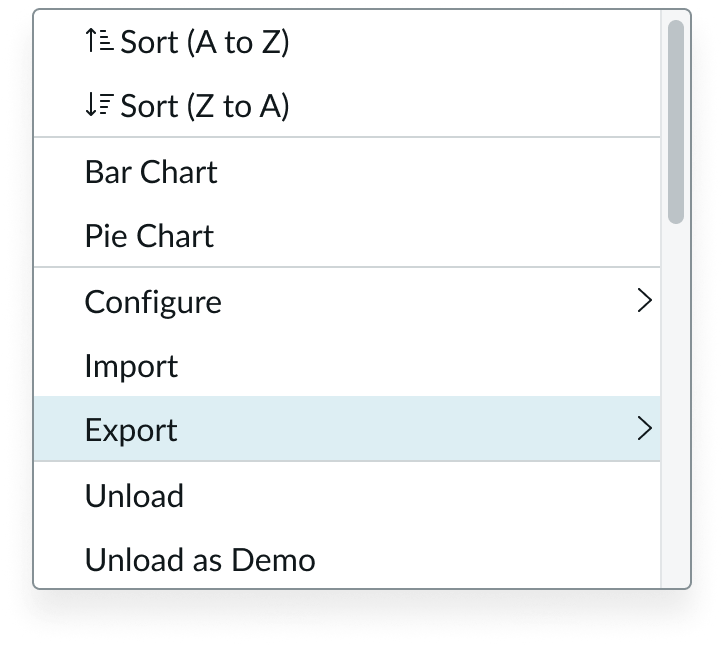 Single panel of flyout menu with a visible scrollbar to the right, indicating a greater number of list-items than is visible