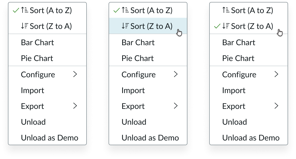 Three instances of the same panel in flyout menu; cursors and selected state icons demonstrate that the single selection appears with the selected list-item