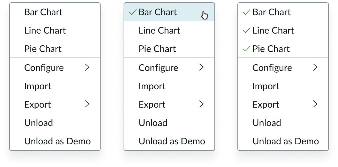 Three instances of the same panel in flyout menu demonstrating the toggle behavior of selecting the same item, as well as the selection displayed on multiple items at once