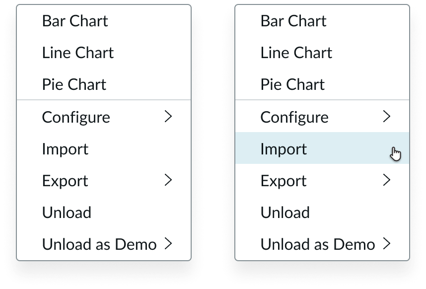 Two instances of the same panel in flyout menu with a cursor hovering over a list-item that displays no selection