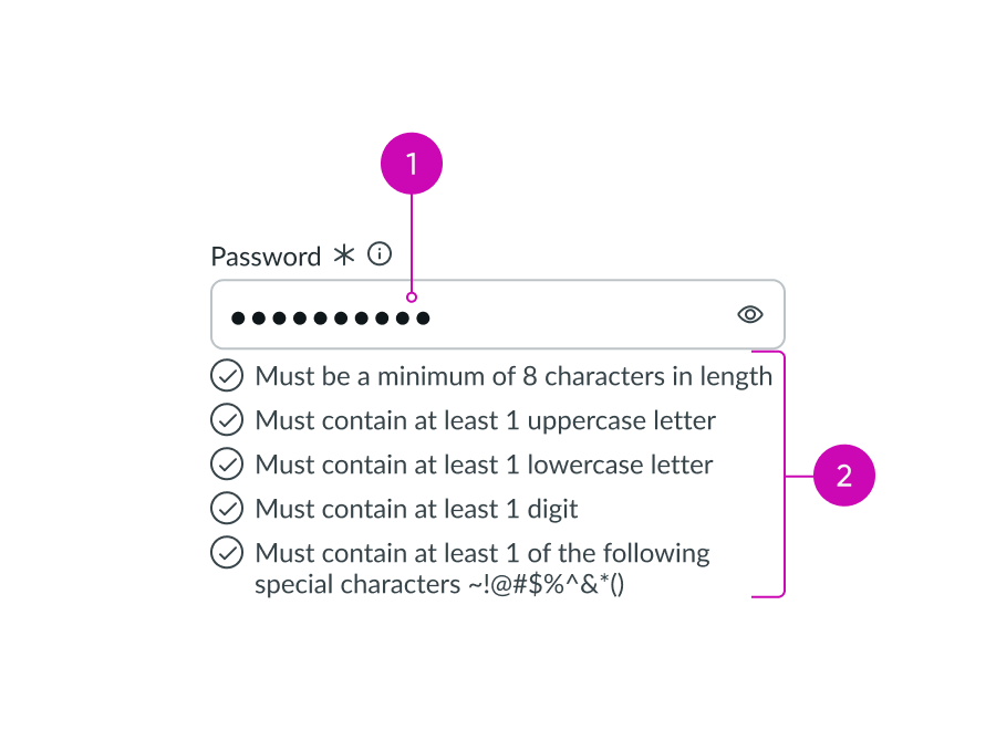 Anatomy of the password input field criteria as the user enters a password