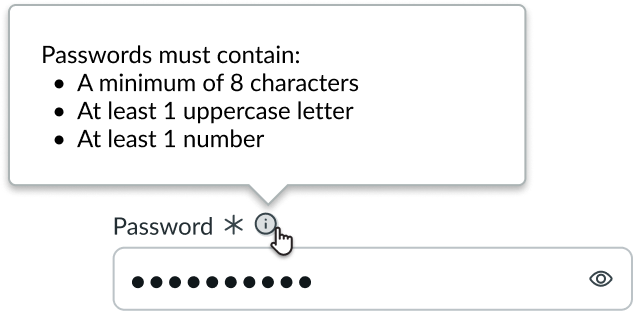 Shows how the user opens the field helper popover from the information icon to view password criteria