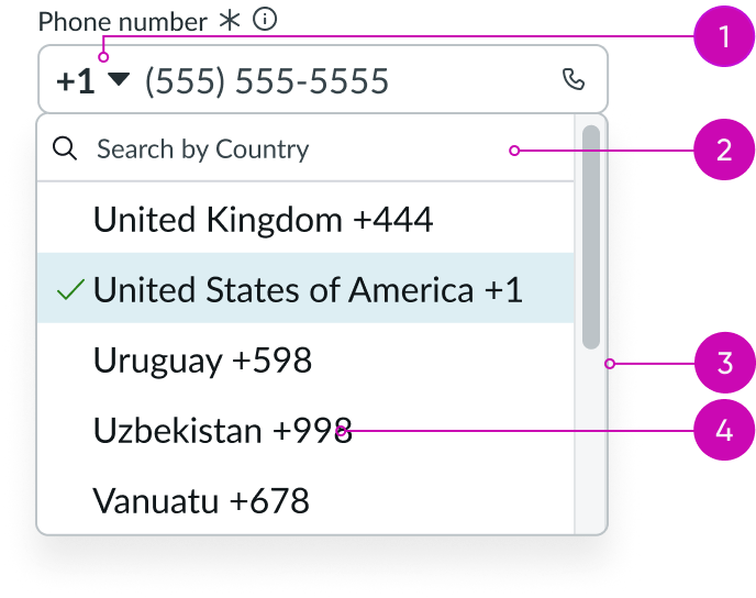 anatomy of the dropdown panel for phone number input field