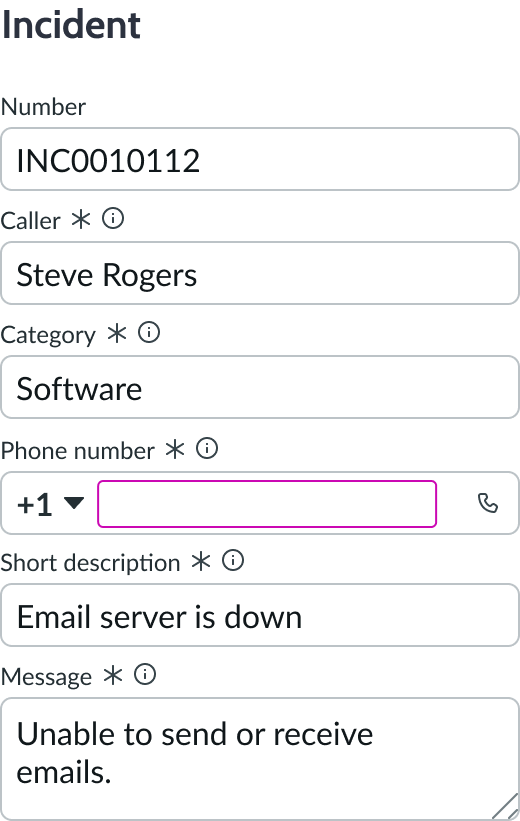 phone number input field in a form for a user submitted incident
