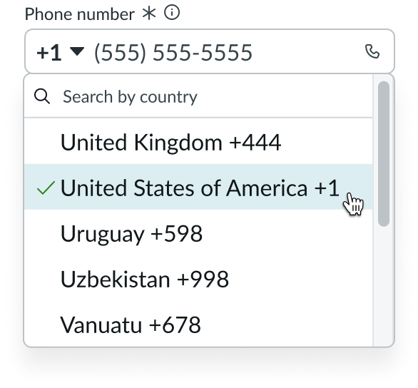 dropdown panel where the user can select a country to choose its country code