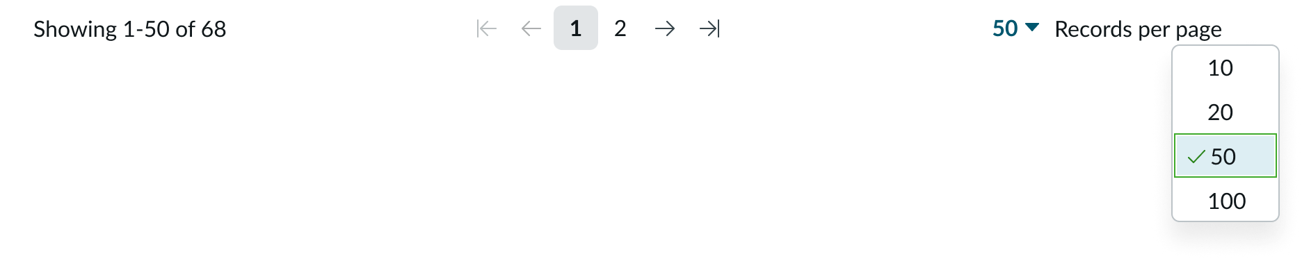 Shows how the number of pages displayed decreases as the user increases the number of records per page
