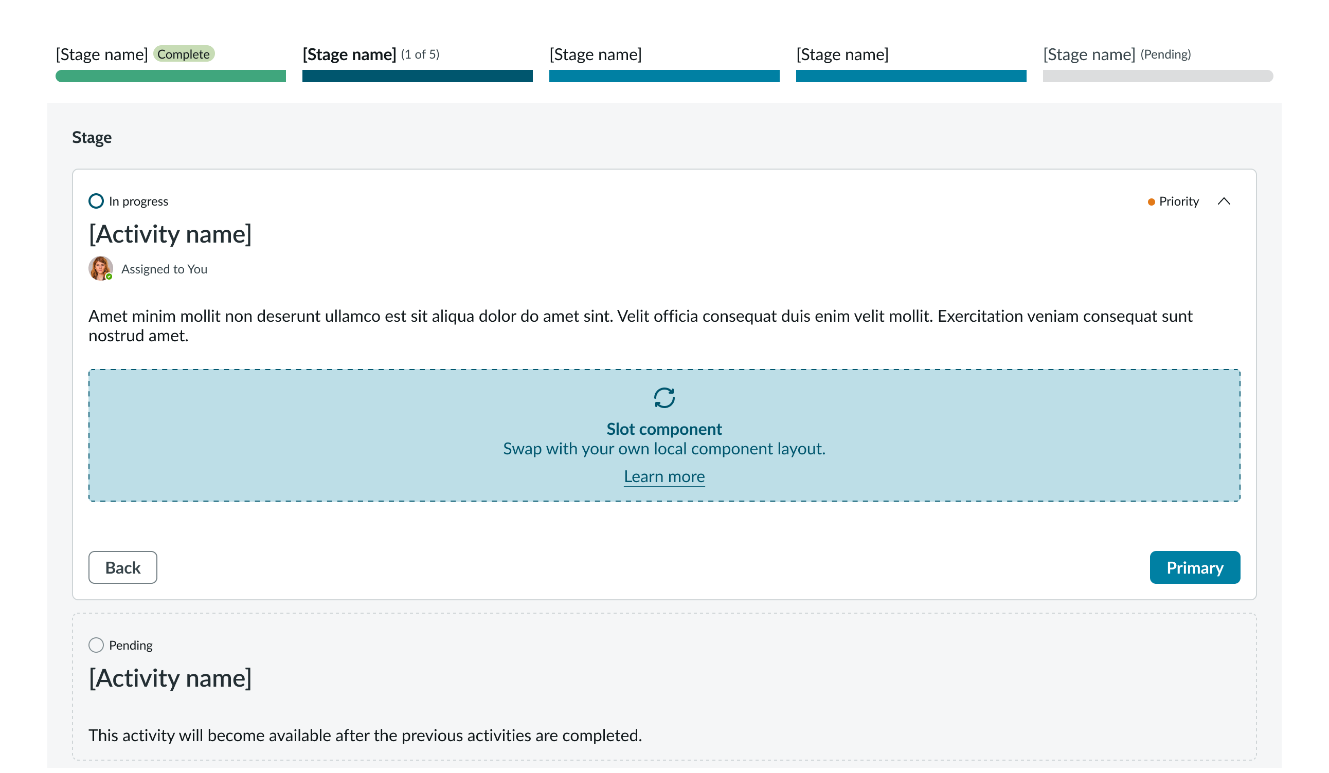 Example of the Playbook horizontal stacked view showing all activities for a stage arranged in a vertical order