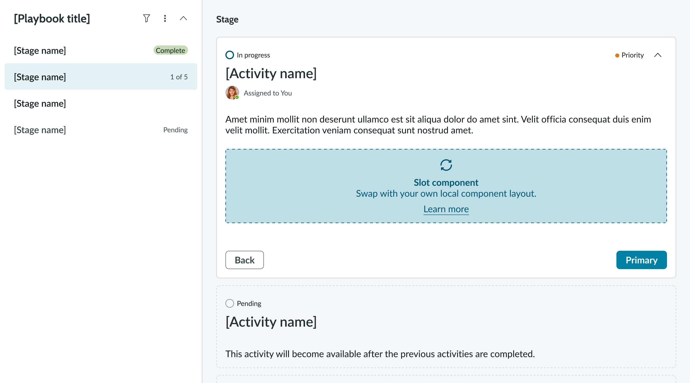 Playbook vertical stacked view showing a vertical stage picker next to the stage activitiy cards listed vertically