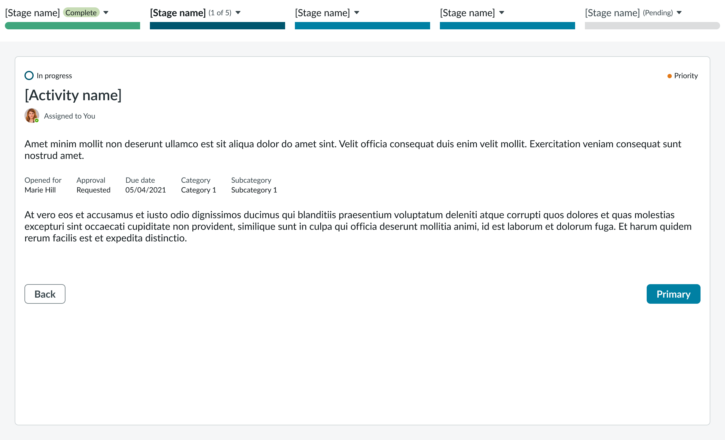 Playbook horizontal focus view with horizontal stage picker on top and the one activity card underneath