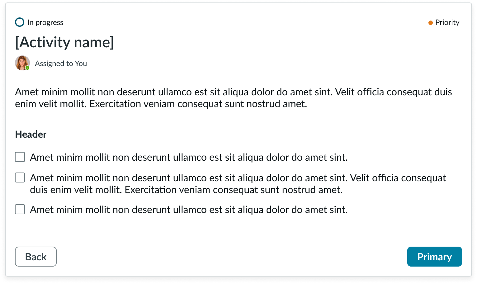 Playbook open activity with a checklist