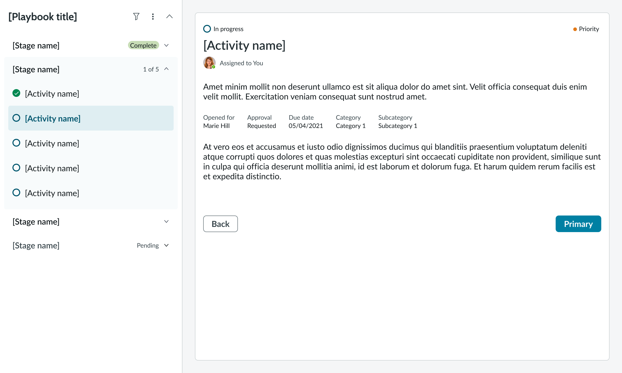 Playbook vertical focus view with vertical stage picker on the side and the highlighted activity card displayed next to it