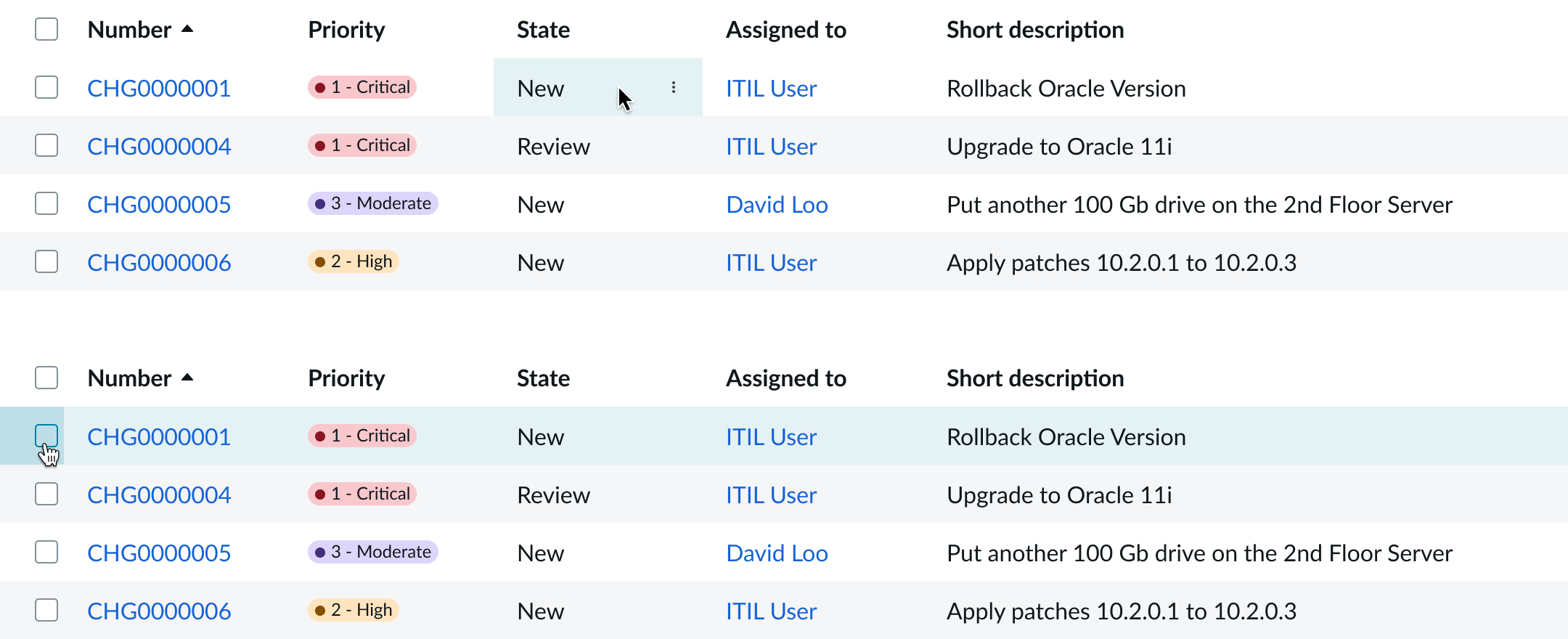  Shows how a row highlights when hovering over an item checkbox