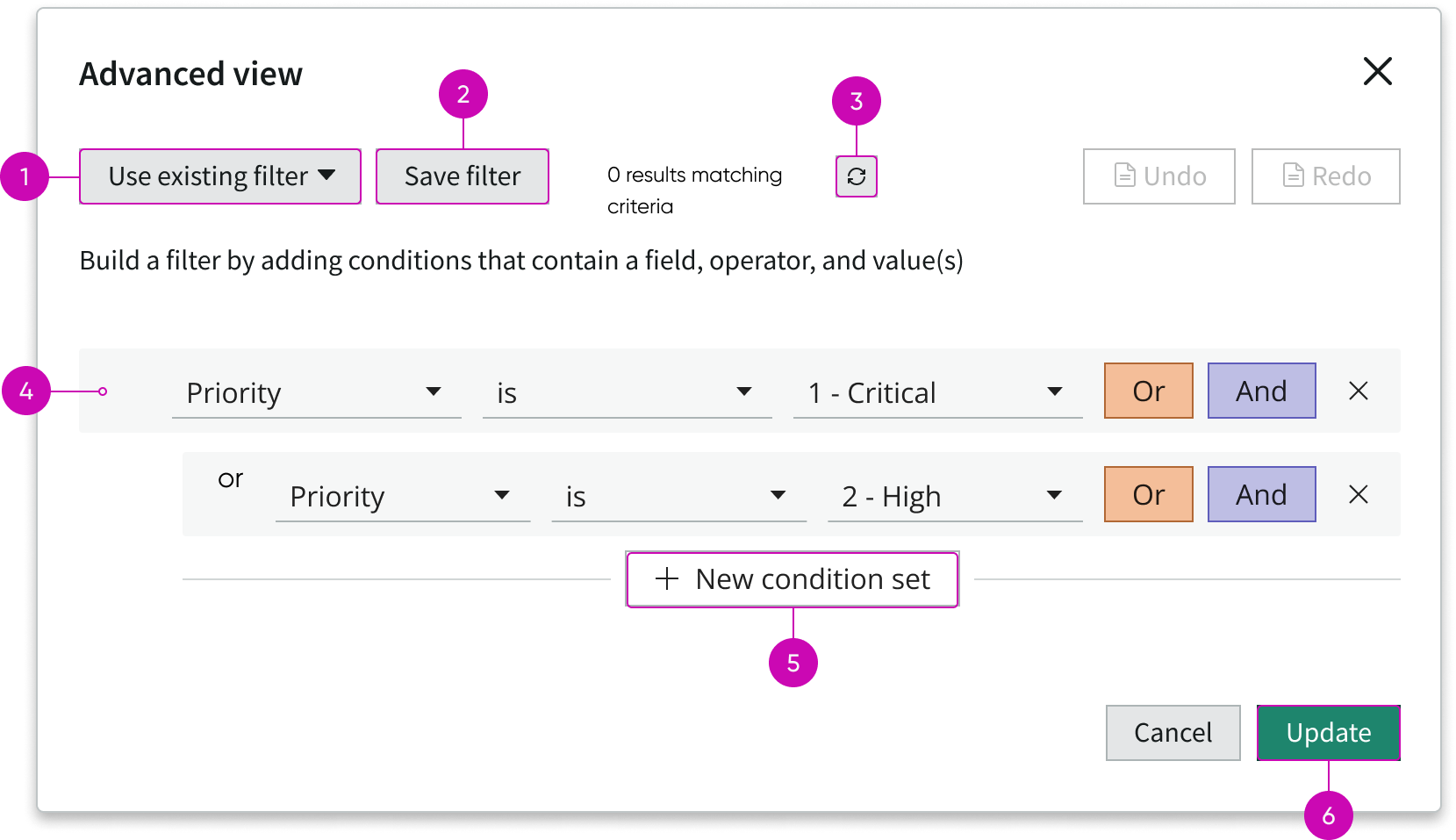 Shows the anatomy of the advanced filter with the condition builder