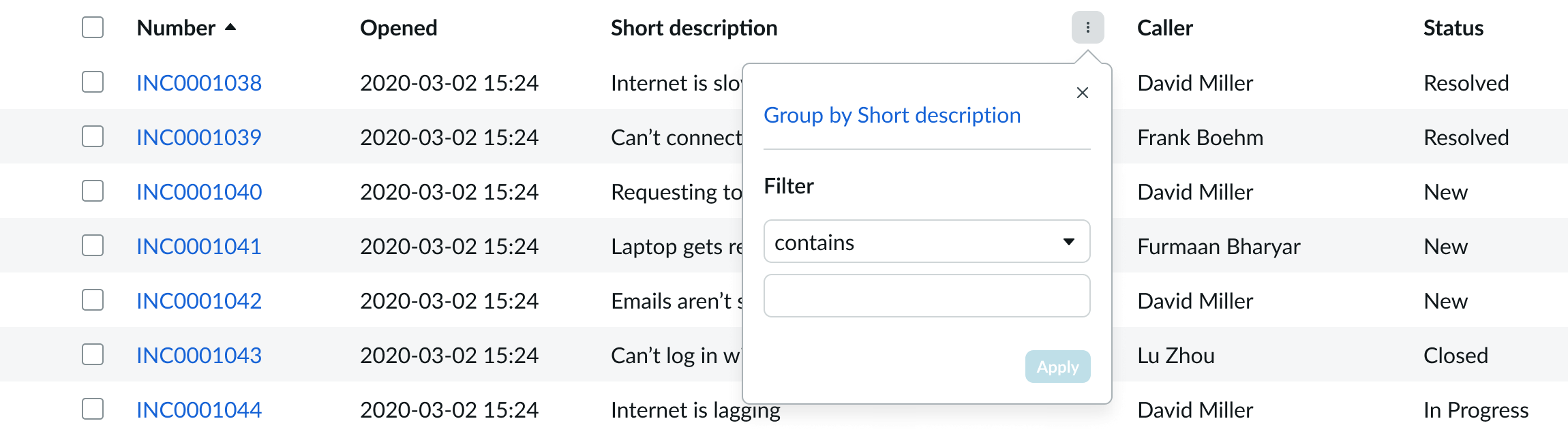 Example of grouping items by column