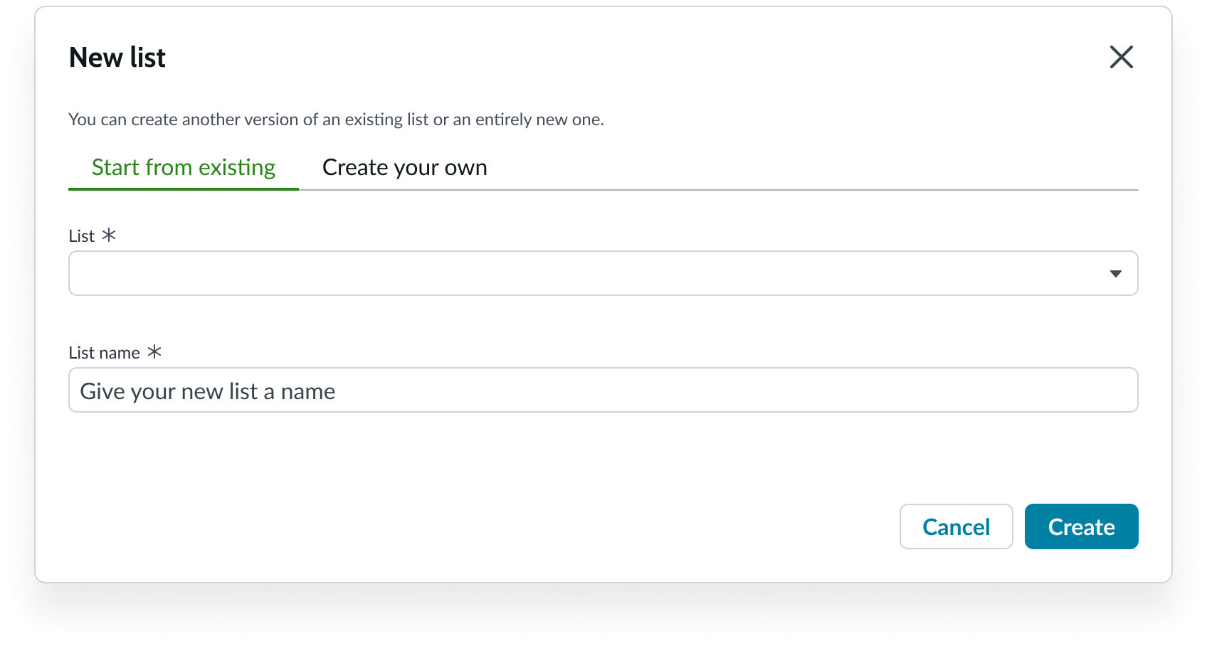 modal for creating custom lists