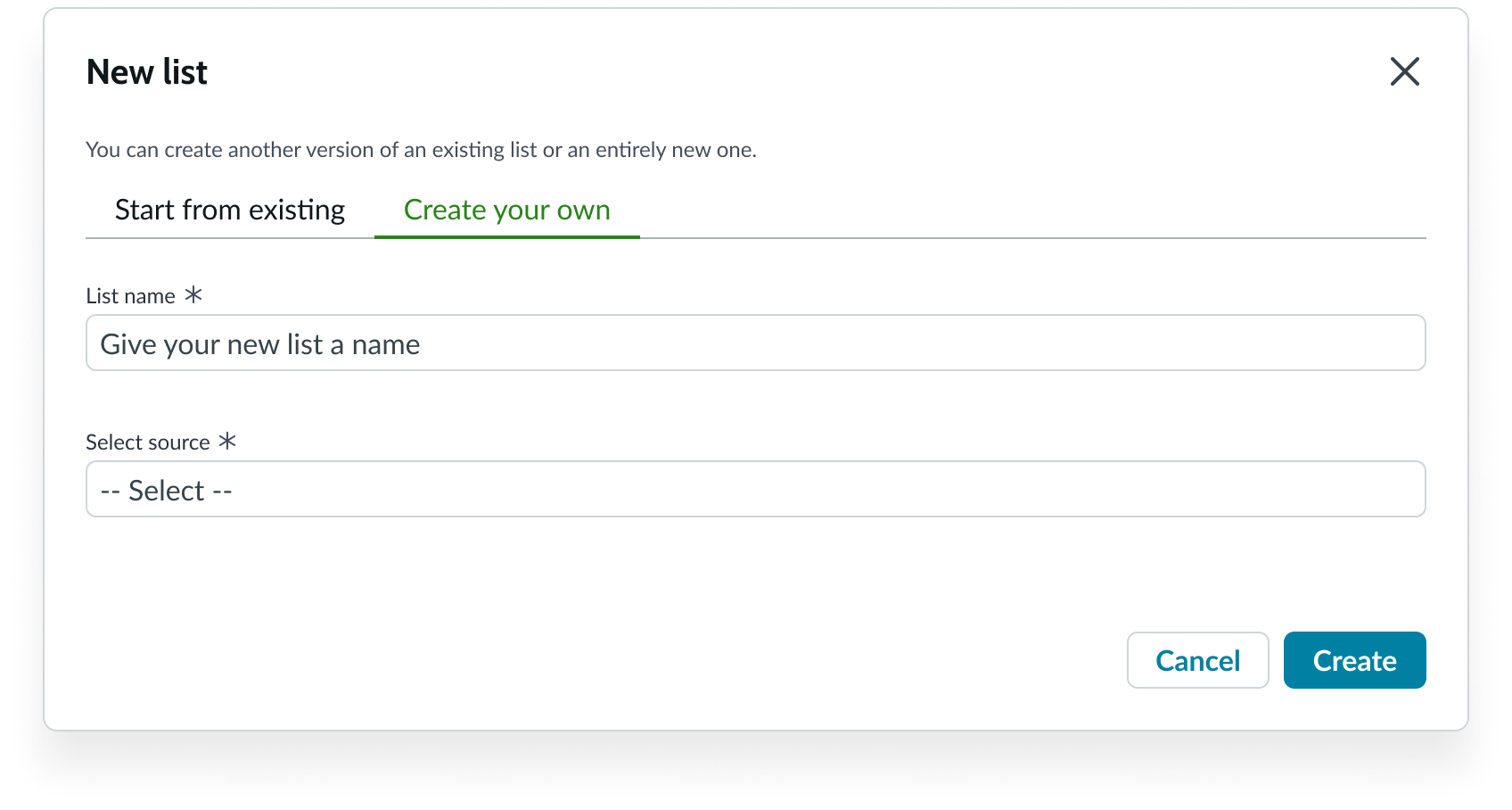 form for configuring data source, filters, and columns to display in a new list