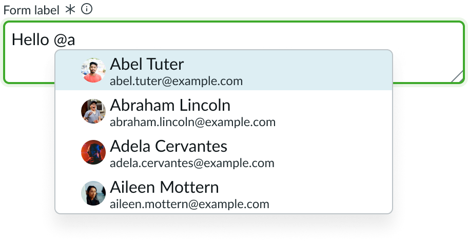 Shows a dropdown panel in the textarea input field that displays user names matching the @mention entry
