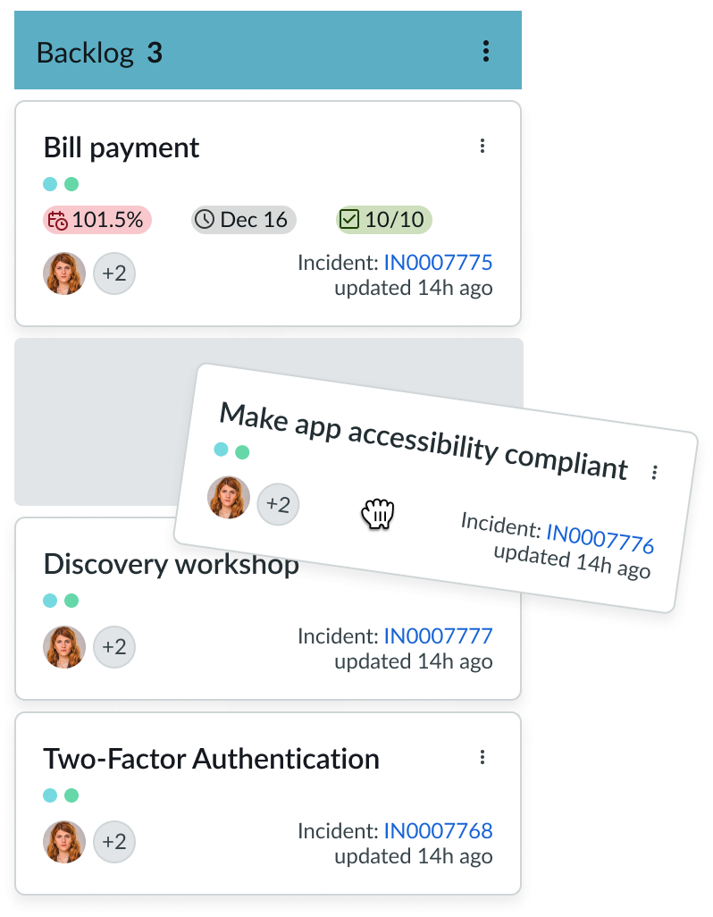 Dragged Kanban board card with grey source space
