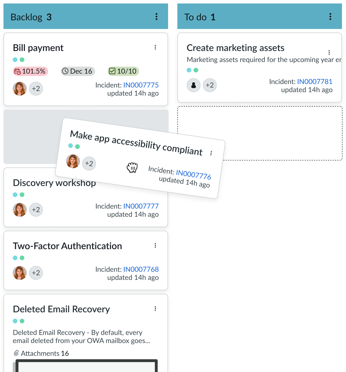 Dragged Kanban board card with placeholder space to drop into