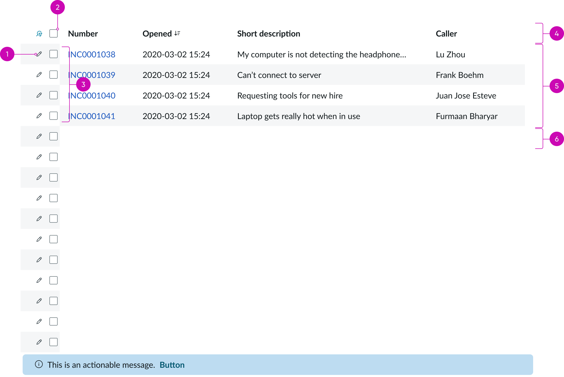 Shows the anatomy of the rows in the presentational list