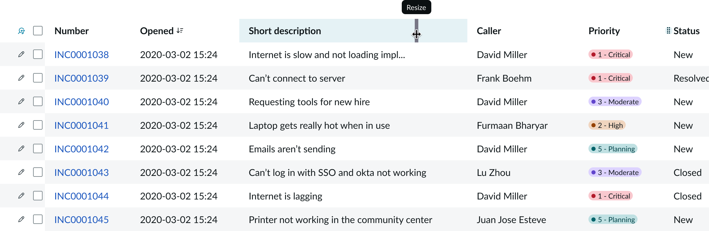 Shows the drag handle in a column header for resizing the column