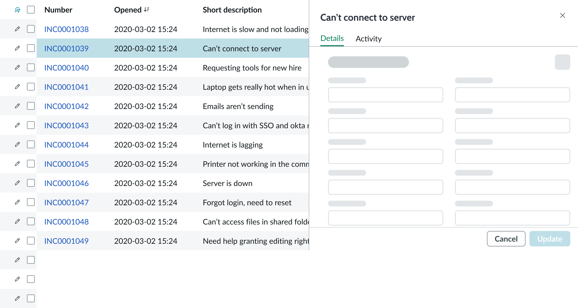 Shows the record form that opens to edit a record when the user clicks the pencil icon in the row