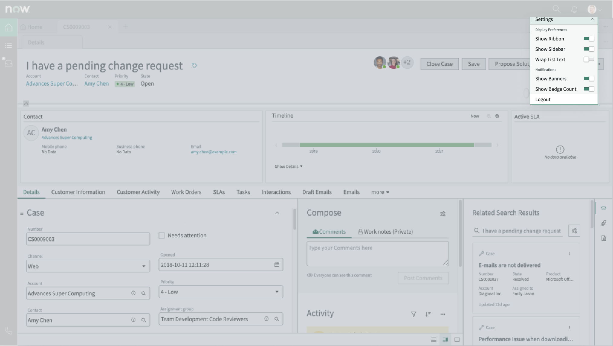 Shows the options in the user preferences menu