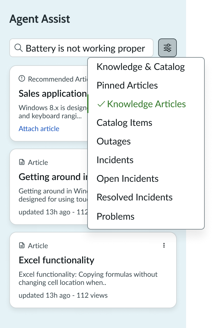 agent assist search source menu