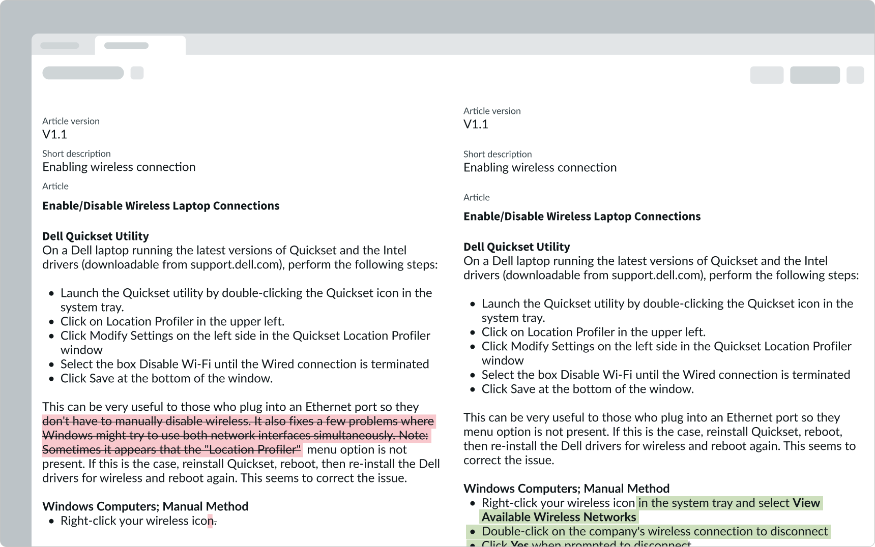 Example of different versions of a change request
record being compared