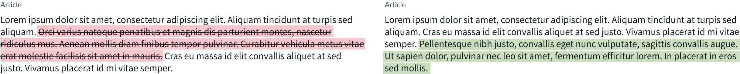 Example of a side-by-side comparison of documents
showing highlighted additions and deletions