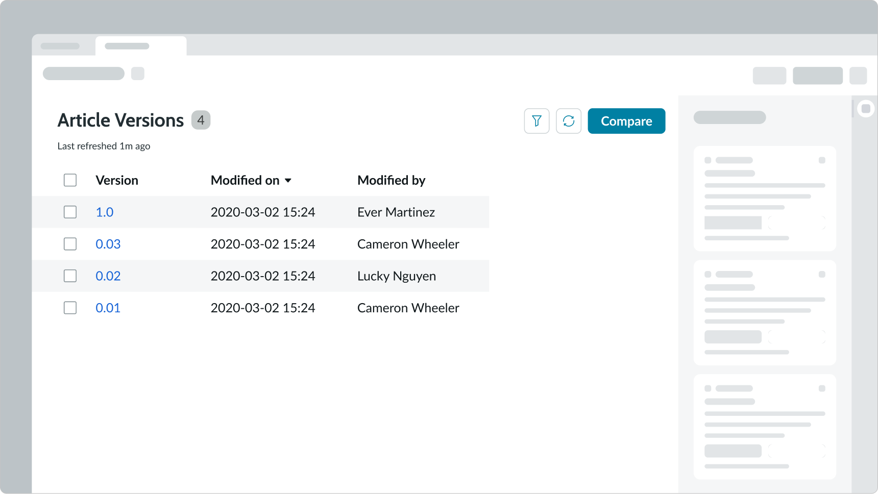 Example of the compare action button that opens
comparator and the warning that appears when a user attempts to compare
more than two versions