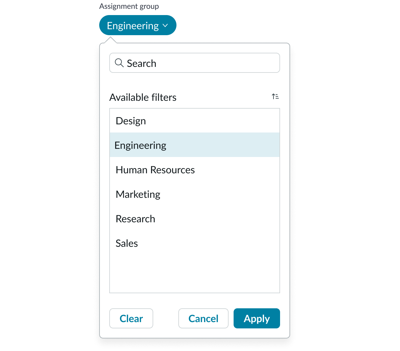 selected filter to show popover with filter options