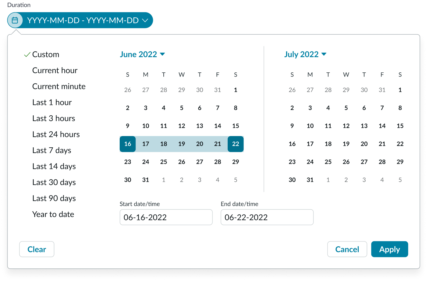 date filter showing date ranges in popover