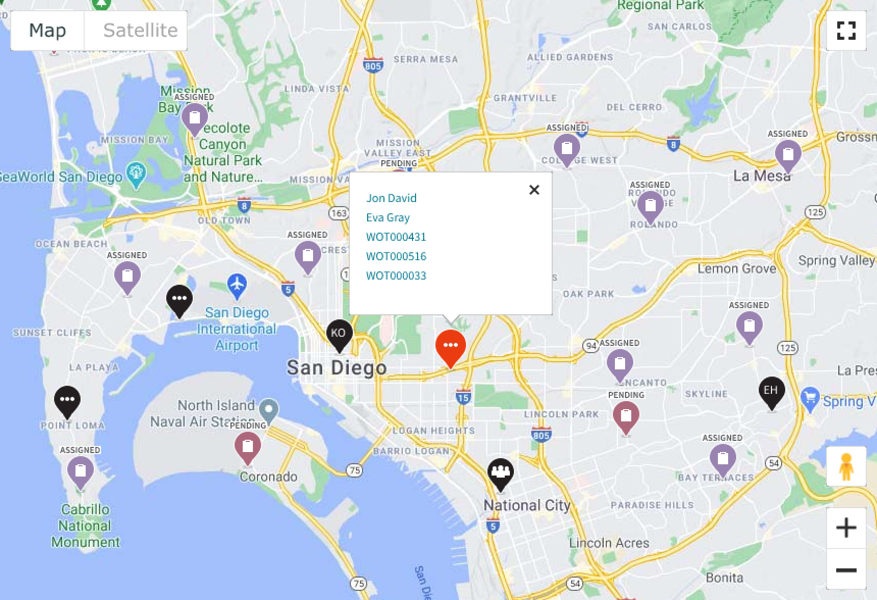 shared location marker with list of technicians and tasks