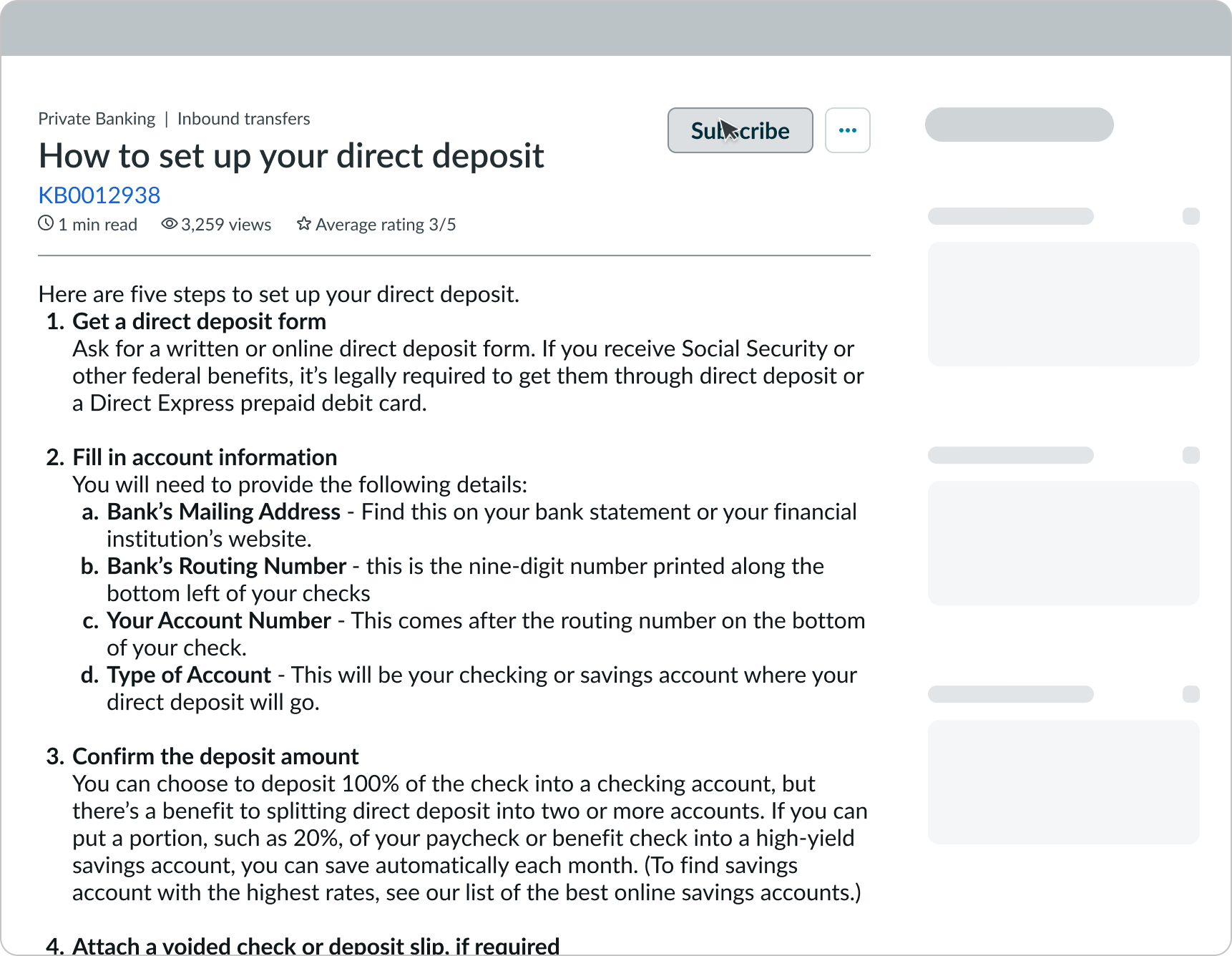  Knowledge content with "Subscribe" primary action within the header area of the component.