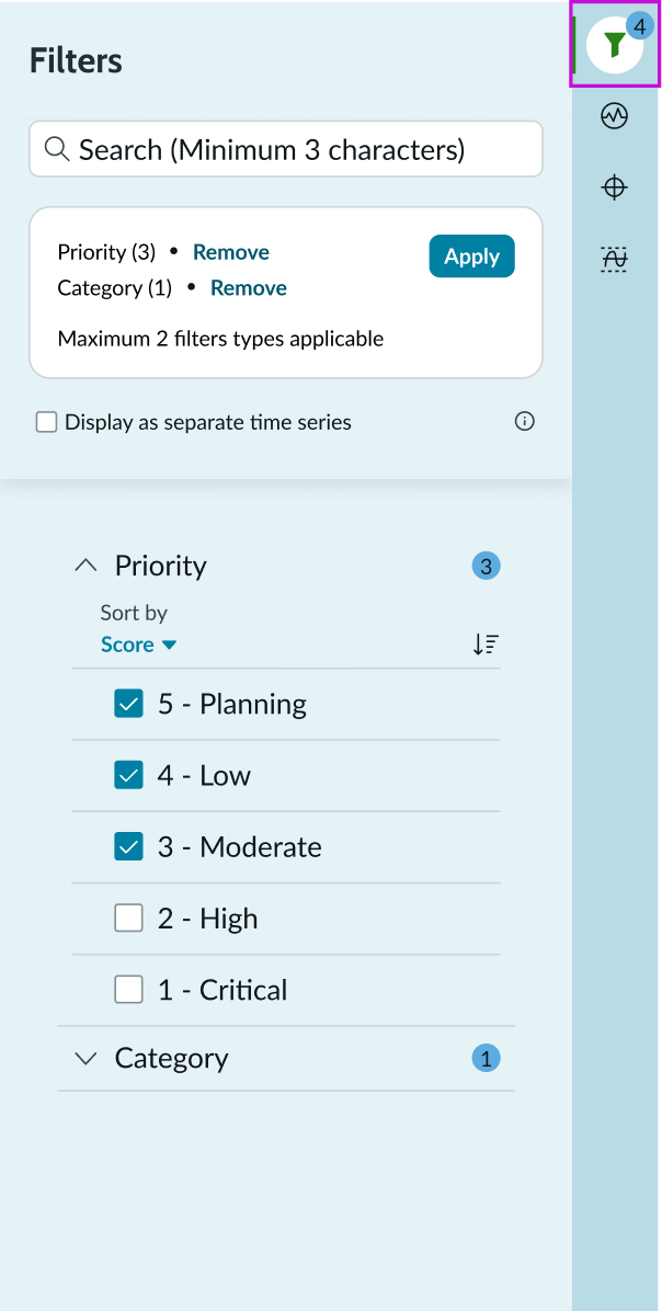 Contextual side panel with filters button selected and filters sidebar