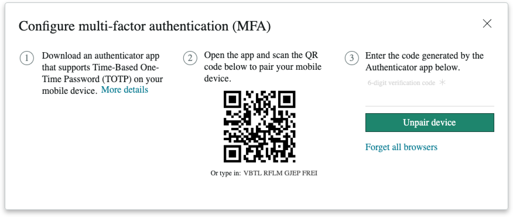MFA setup used to unpairing a device