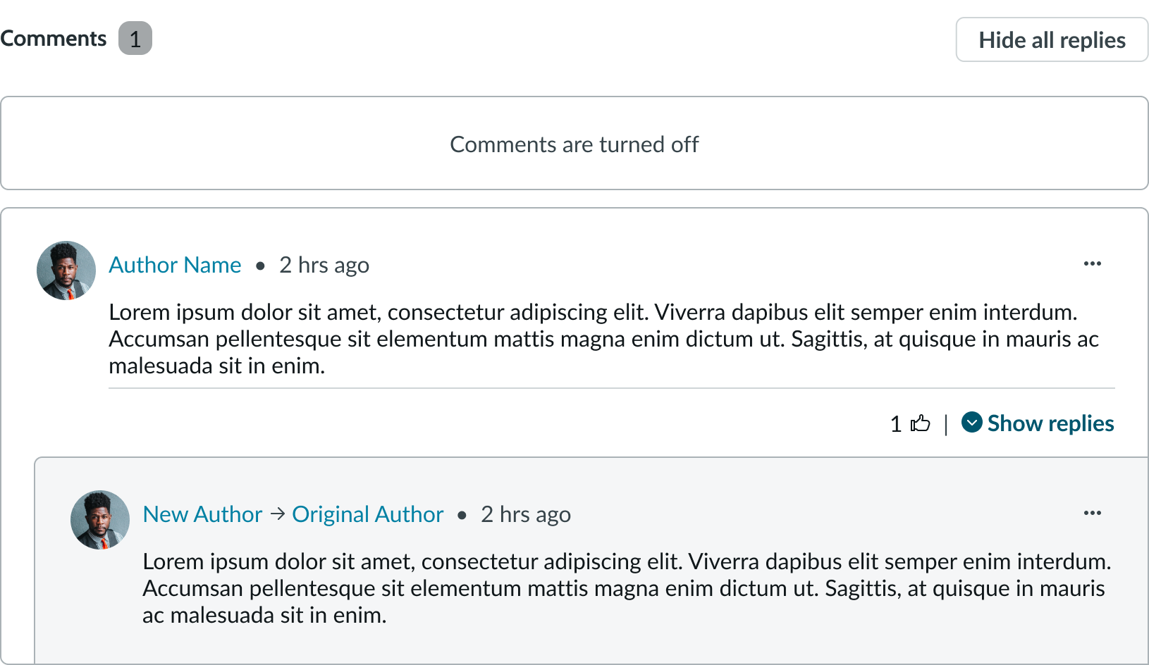 comments without "like" and "reply" buttons under each