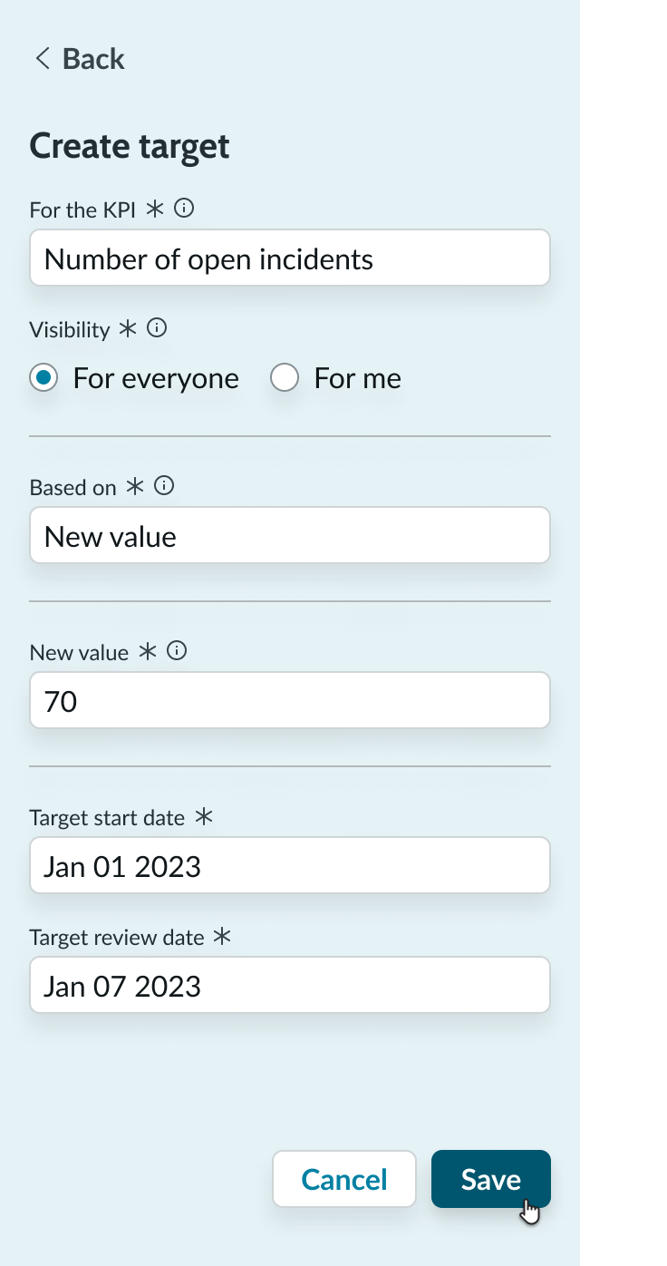 KPI targets new target form