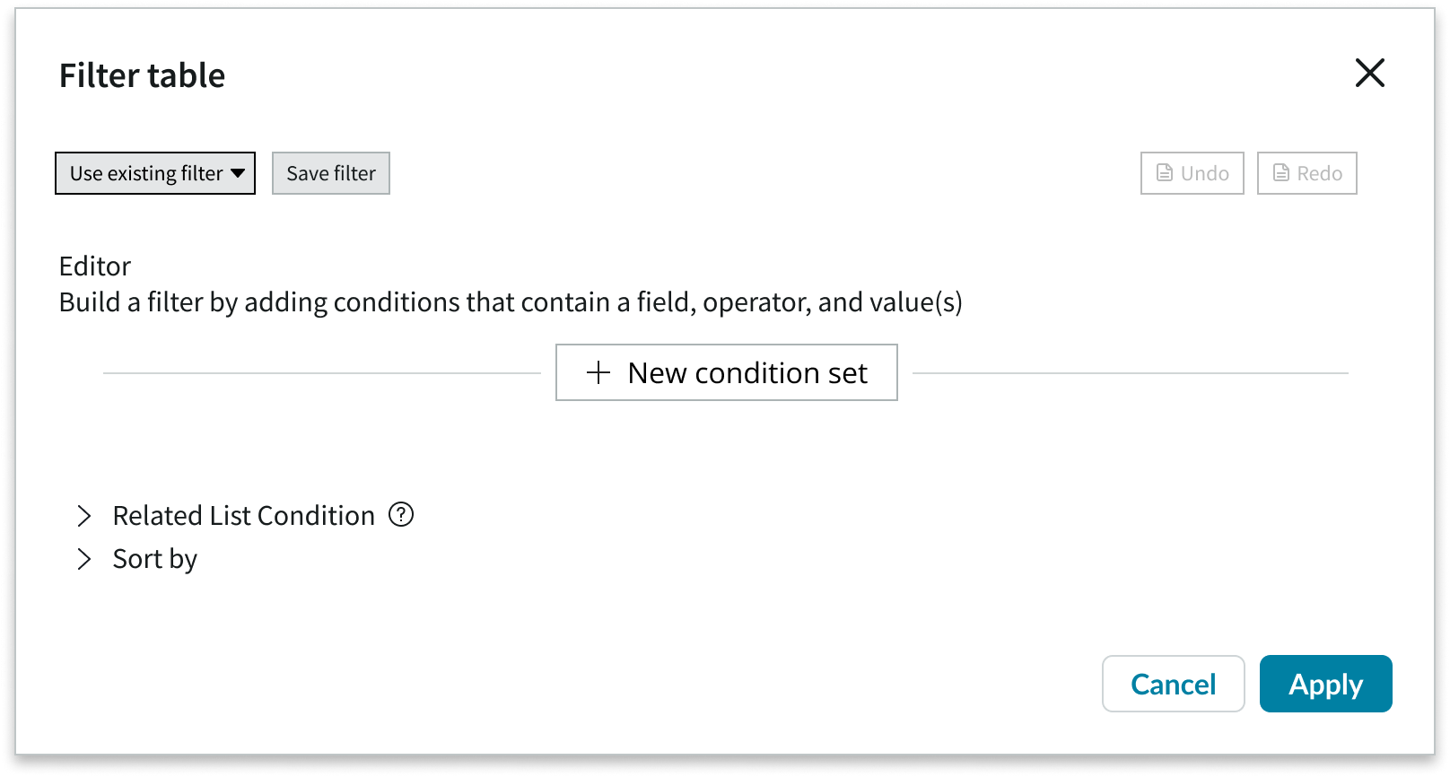 Shows the condition builder for creating a custom filter for the selected table