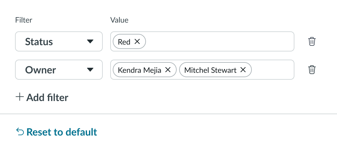 Shows the reset to default control that allows users to reset their filters to the default list provided by their organization