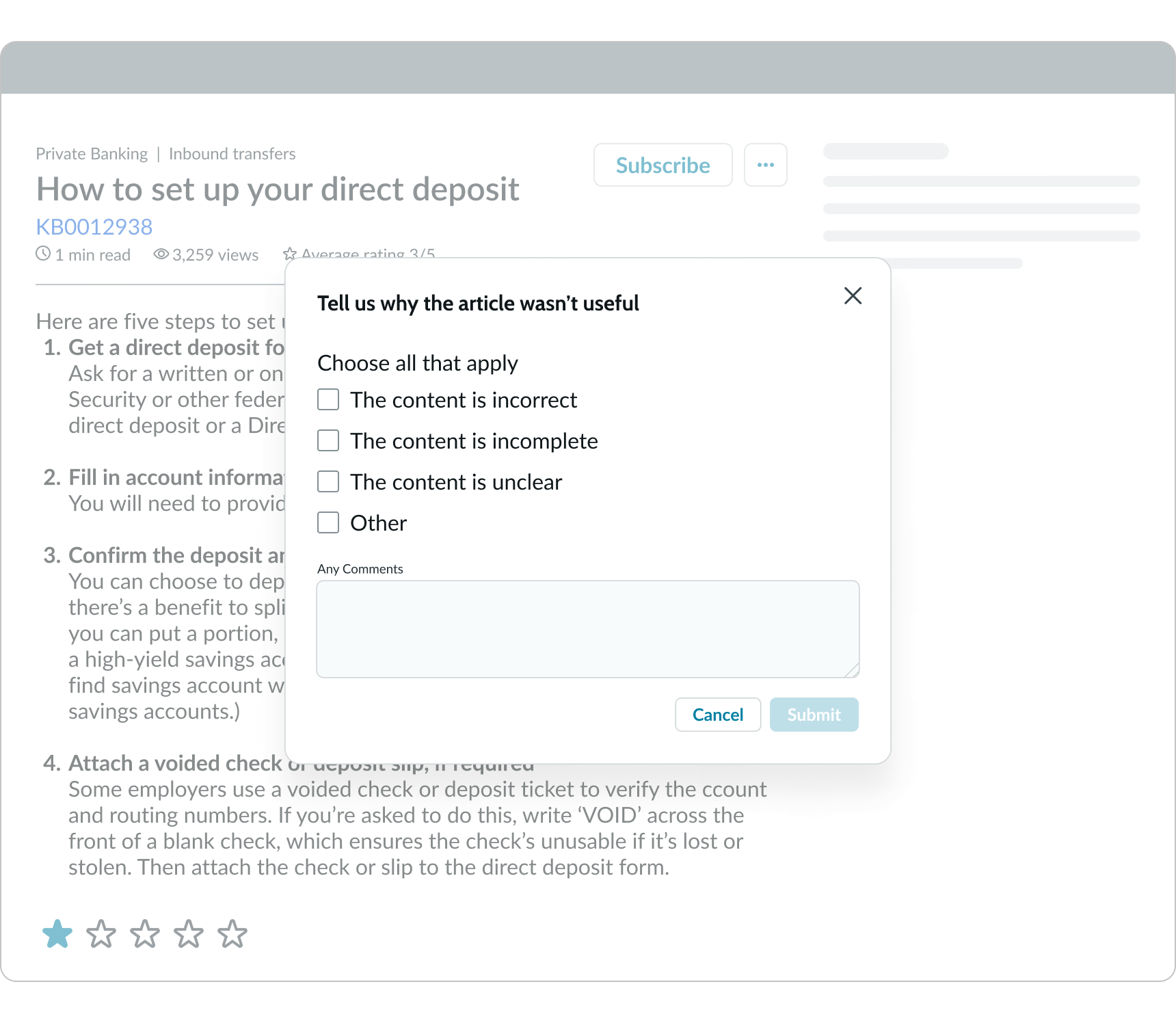 low rating modal configuration