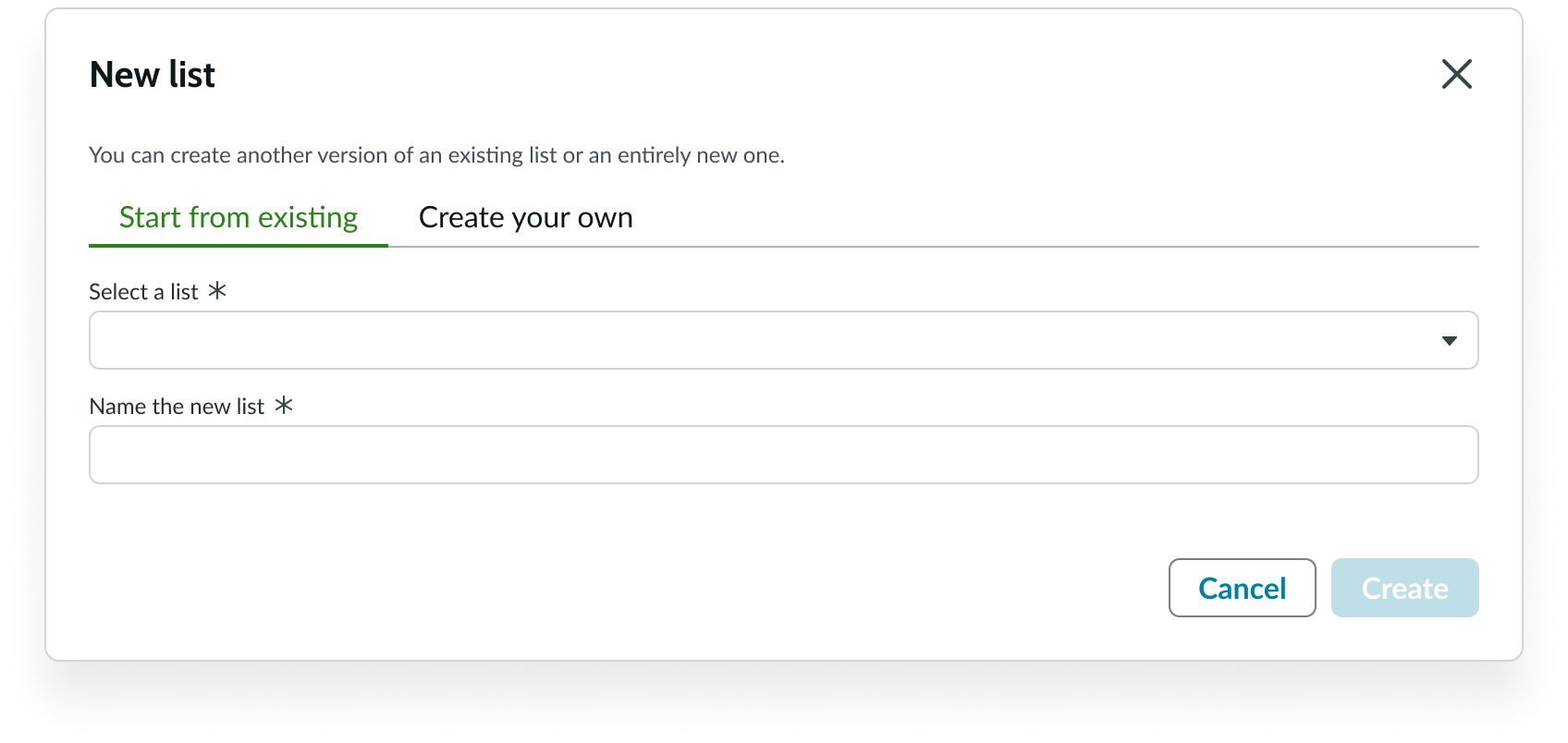Shows the modal that appears to allow a user to create a custom list